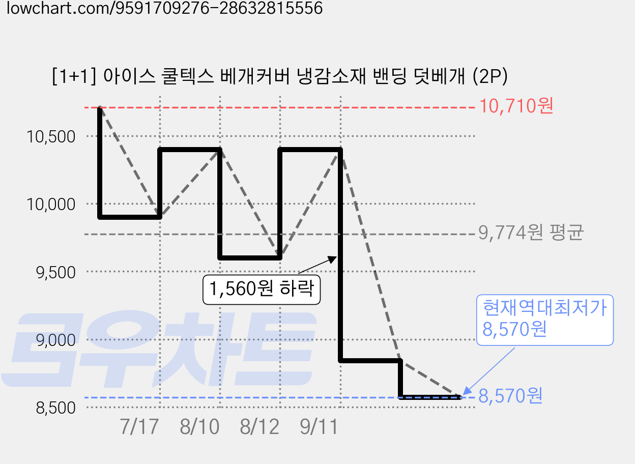 [1+1] 아이스 쿨텍스 베개커버 냉감소재 밴딩 덧베개 (2P) 가격 변동 차트, 현재가 8,570원, 역대최저가