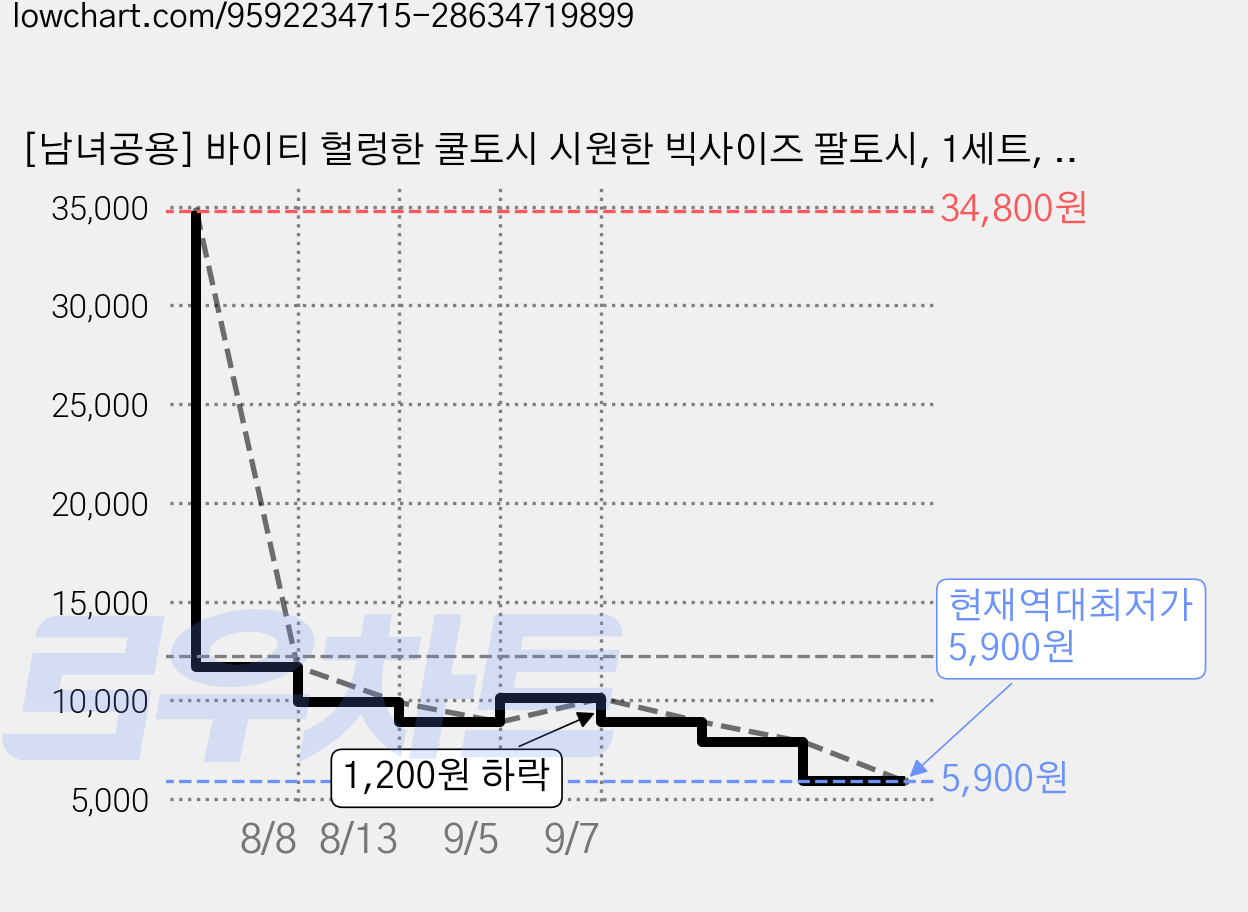 [남녀공용] 바이티 헐렁한 쿨토시 시원한 빅사이즈 팔토시, 1세트, 라이트그레이+라이트그레이 가격 변동 차트, 현재가 5,900원, 역대최저가