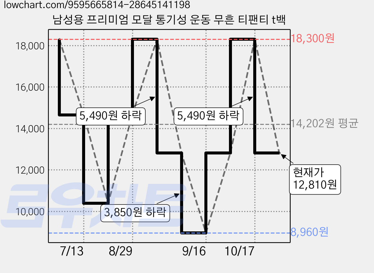 남성용 프리미엄 모달 통기성 운동 무흔 티팬티 t백 가격 변동 차트, 현재가 12,810원, 관측 최저가 8,960원