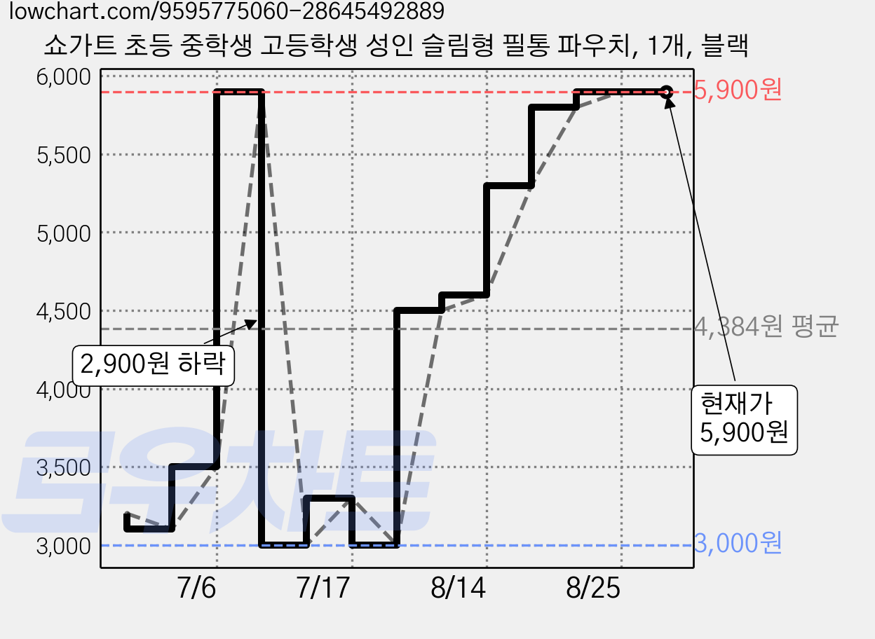 쇼가트 초등 중학생 고등학생 성인 슬림형 필통 파우치, 1개, 블랙 가격 변동 차트, 현재가 5,900원, 관측 최저가 3,000원
