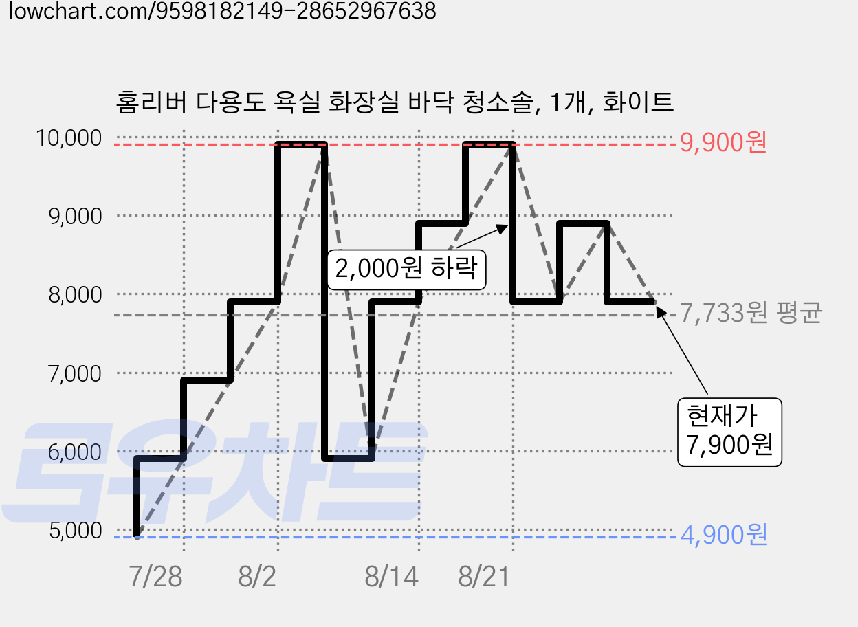 홈리버 다용도 욕실 화장실 바닥 청소솔, 1개, 화이트 가격 변동 차트, 현재가 7,900원, 관측 최저가 4,900원