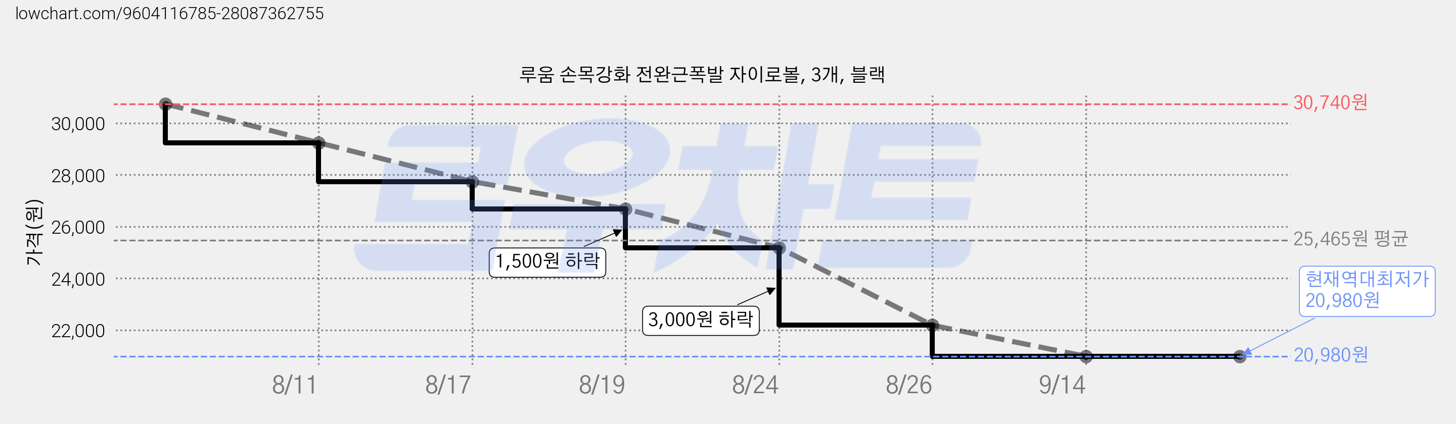 루움 손목강화 전완근폭발 자이로볼, 3개, 블랙 가격 변동 차트, 현재가 20,980원, 역대최저가