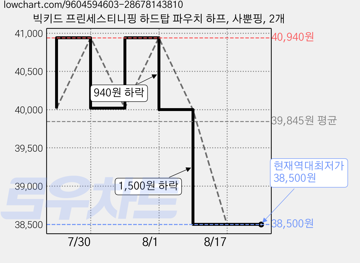 빅키드 프린세스티니핑 하드탑 파우치 하프, 사뿐핑, 2개 가격 변동 차트, 현재가 38,500원, 역대최저가