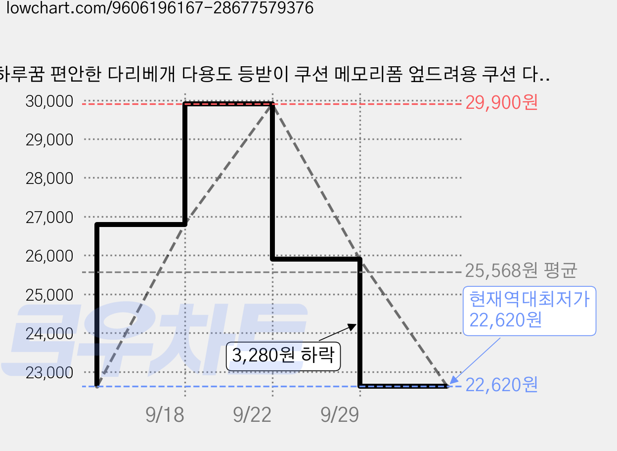 하루꿈 편안한 다리베개 다용도 등받이 쿠션 메모리폼 엎드려용 쿠션 다리 올리는 베개, 다크그레이 가격 변동 차트, 현재가 22,620원, 역대최저가