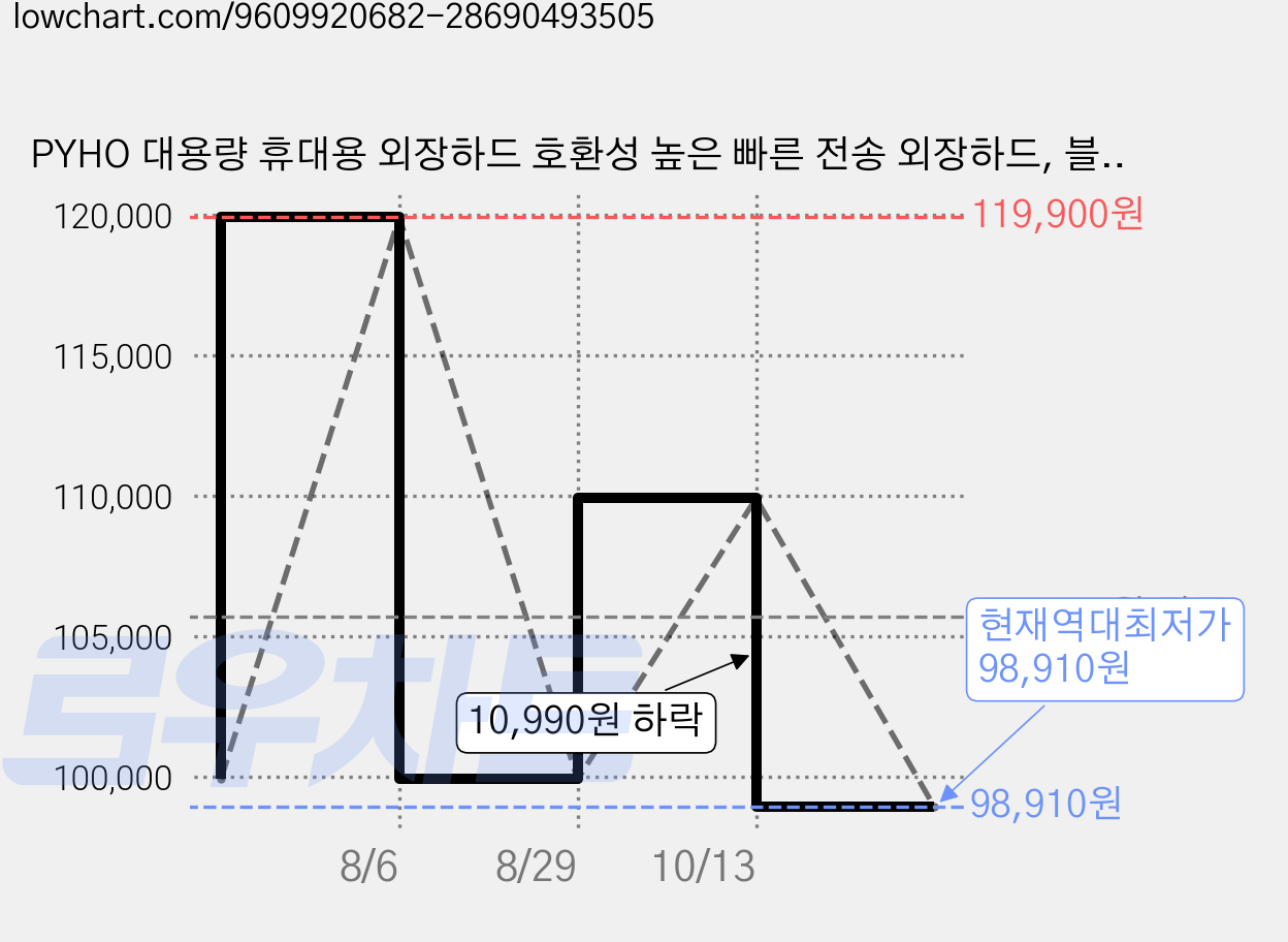 PYHO 대용량 휴대용 외장하드 호환성 높은 빠른 전송 외장하드, 블랙, 1TB 가격 변동 차트, 현재가 98,910원, 역대최저가