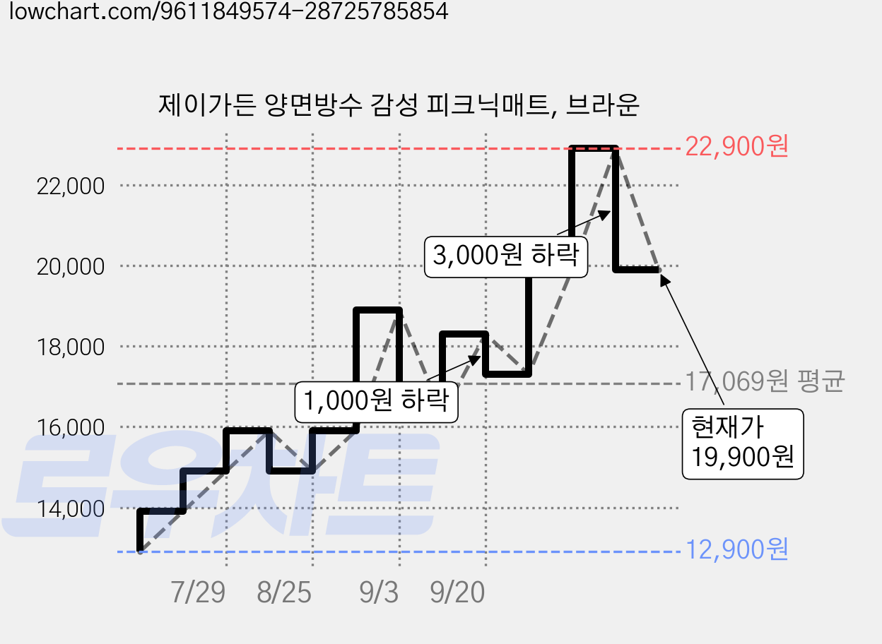 제이가든 양면방수 감성 피크닉매트, 브라운 가격 변동 차트, 현재가 19,900원, 관측 최저가 12,900원