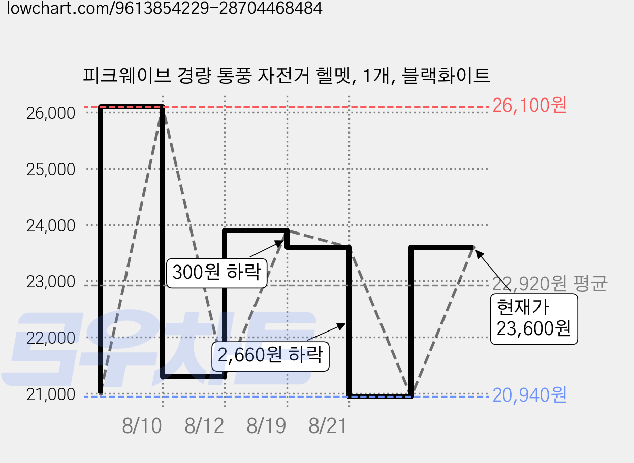 피크웨이브 경량 통풍 자전거 헬멧, 1개, 블랙화이트 가격 변동 차트, 현재가 20,940원, 역대최저가