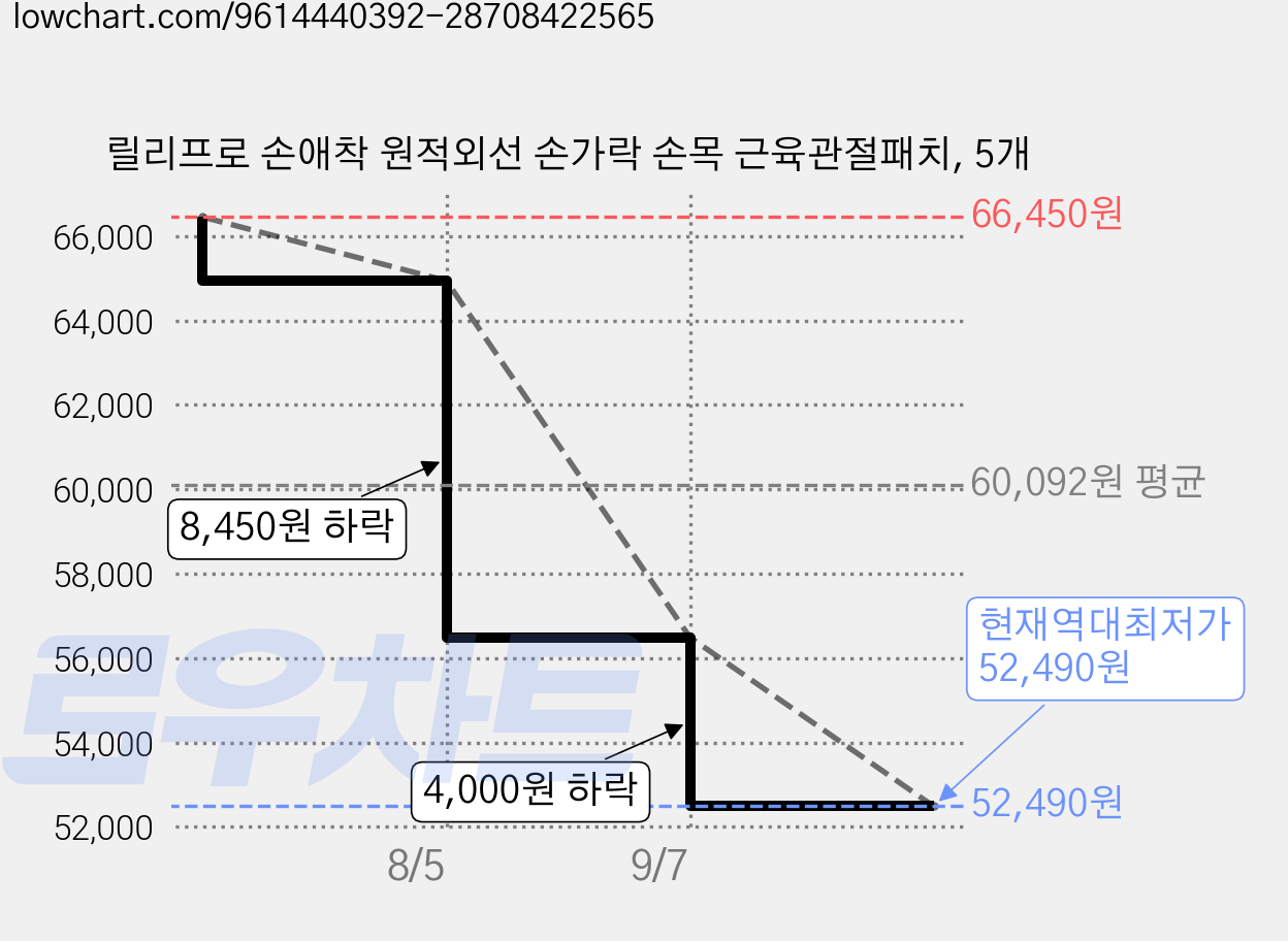 릴리프로 손애착 원적외선 손가락 손목 근육관절패치, 5개 가격 변동 차트, 현재가 52,490원, 역대최저가