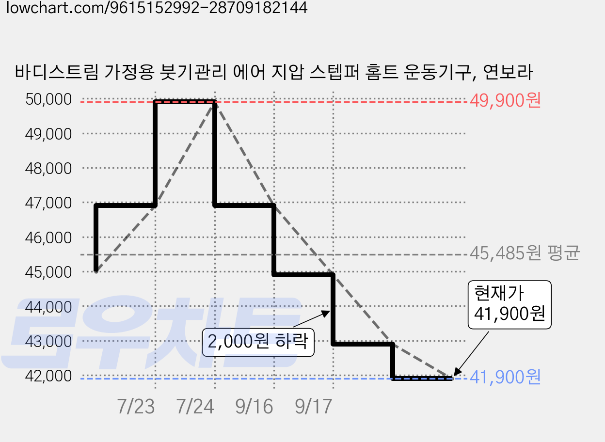 바디스트림 가정용 붓기관리 에어 지압 스텝퍼 홈트 운동기구, 연보라 가격 변동 차트, 현재가 41,900원, 관측 최저가 38,900원