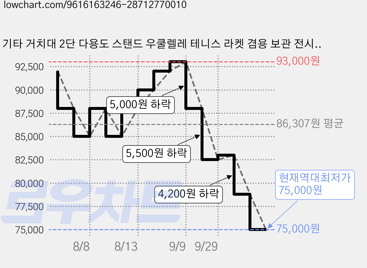 기타 거치대 2단 다용도 스탠드 우쿨렐레 테니스 라켓 겸용 보관 전시대, 1개, 블랙 가격 변동 차트, 현재가 75,000원, 역대최저가