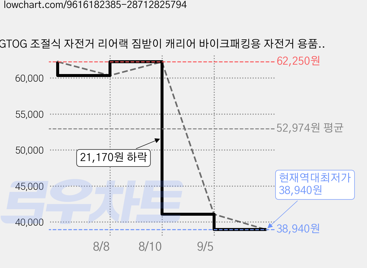 GTOG 조절식 자전거 리어랙 짐받이 캐리어 바이크패킹용 자전거 용품, 1개, 검정 가격 변동 차트, 현재가 38,940원, 역대최저가