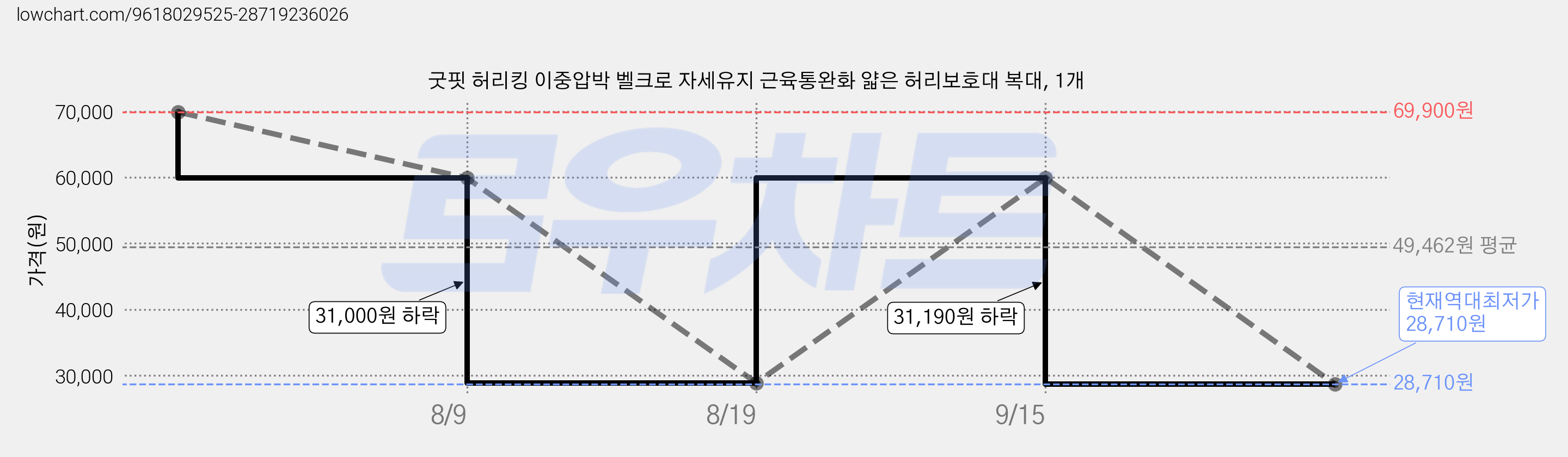 굿핏 허리킹 이중압박 벨크로 자세유지 근육통완화 얇은 허리보호대 복대, 1개 가격 변동 차트, 현재가 28,710원, 역대최저가