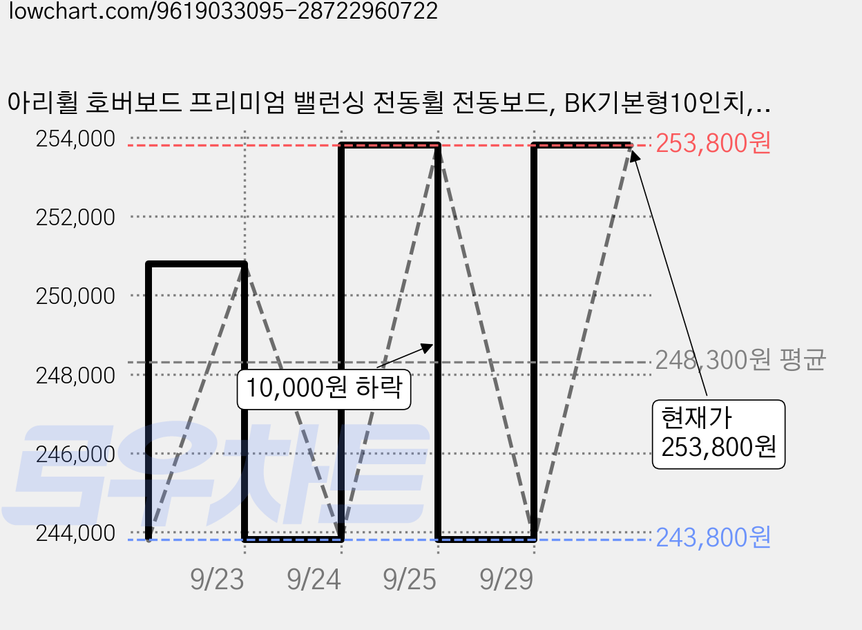 아리휠 호버보드 프리미엄 밸런싱 전동휠 전동보드, BK기본형10인치, 1개, 블랙 가격 변동 차트, 현재가 253,800원, 관측 최저가 243,800원