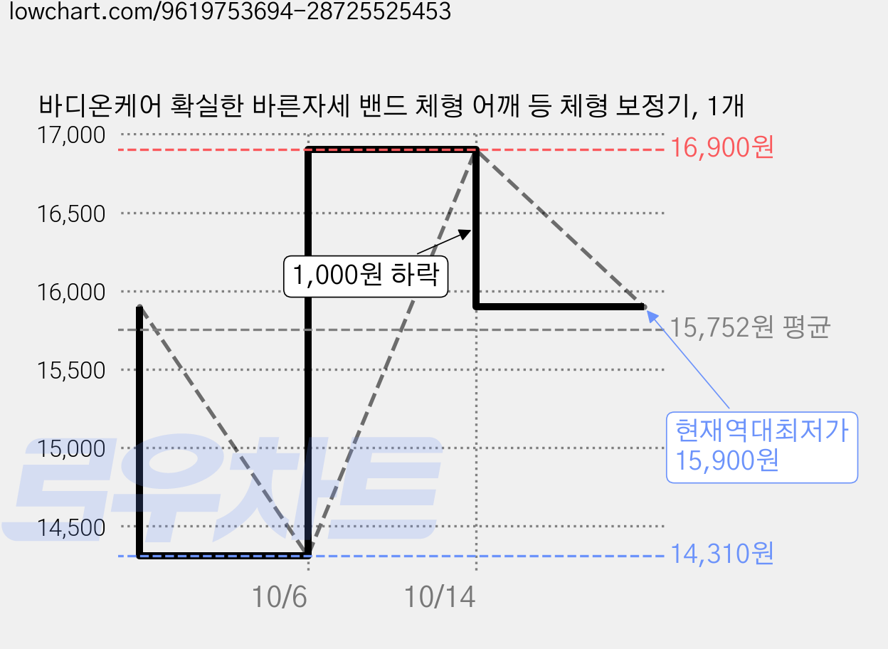 바디온케어 확실한 바른자세 밴드 체형 어깨 등 체형 보정기, 1개 가격 변동 차트, 현재가 15,900원, 역대최저가