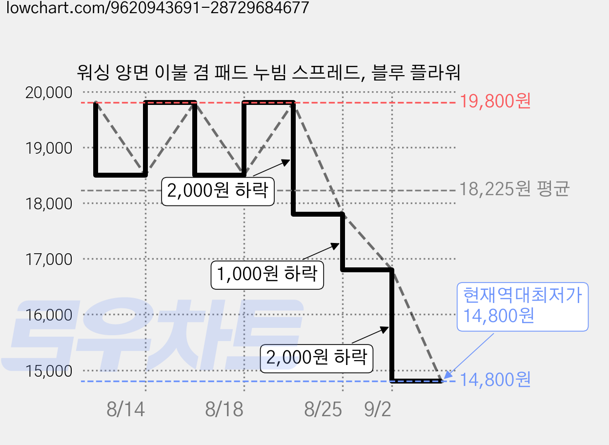 워싱 양면 이불 겸 패드 누빔 스프레드, 블루 플라워 가격 변동 차트, 현재가 14,800원, 역대최저가