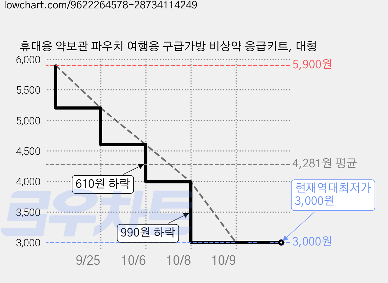 휴대용 약보관 파우치 여행용 구급가방 비상약 응급키트, 대형 가격 변동 차트, 현재가 3,000원, 역대최저가