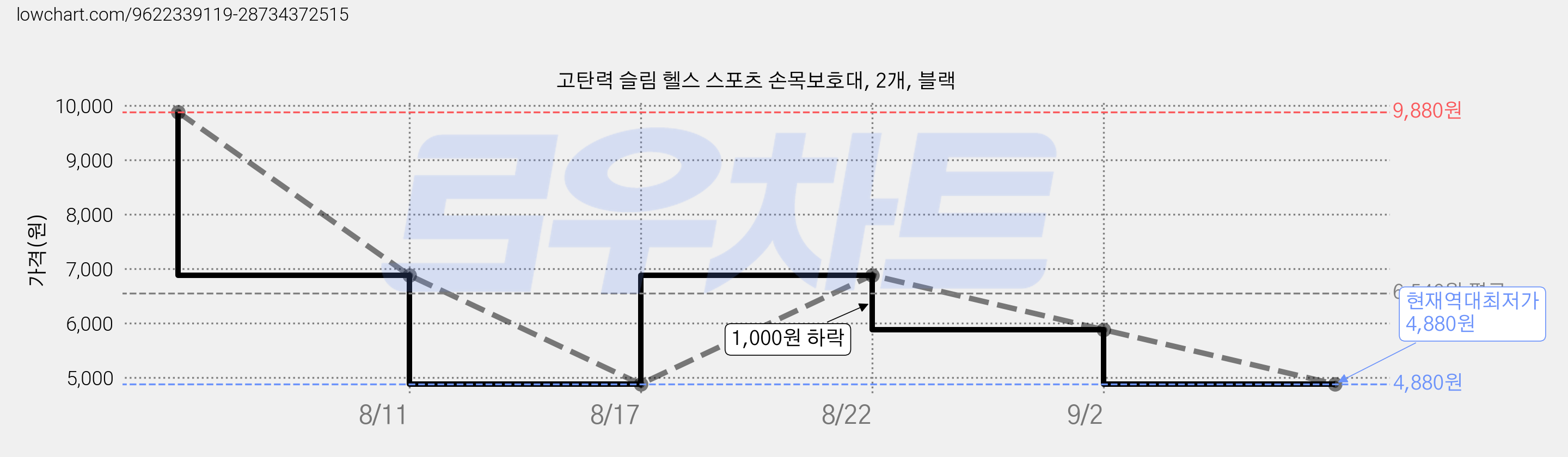 고탄력 슬림 헬스 스포츠 손목보호대, 2개, 블랙 가격 변동 차트, 현재가 4,880원, 역대최저가