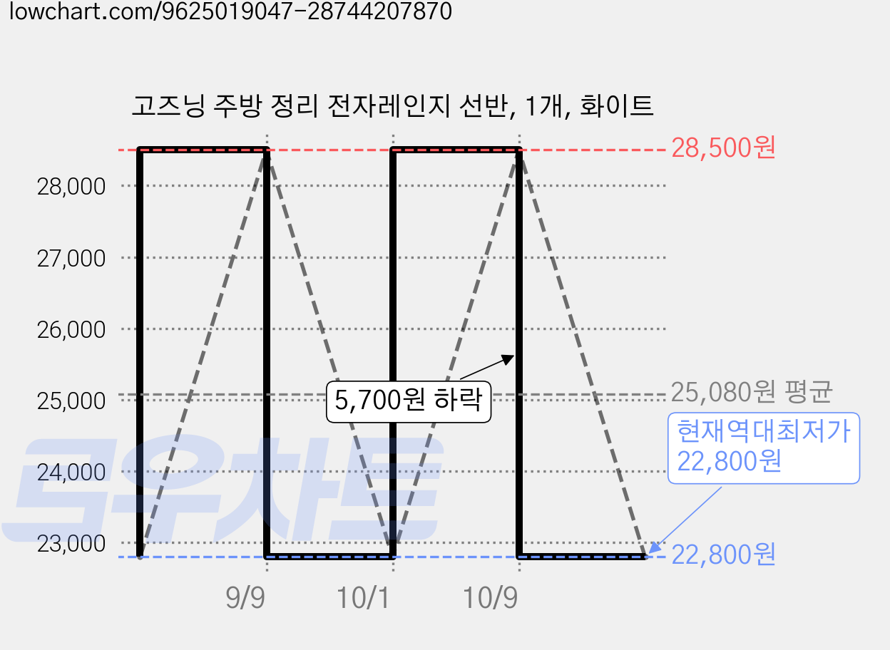 고즈닝 주방 정리 전자레인지 선반, 1개, 화이트 가격 변동 차트, 현재가 22,800원, 역대최저가
