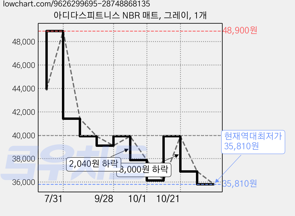 아디다스피트니스 NBR 매트, 그레이, 1개 가격 변동 차트, 현재가 35,810원, 역대최저가