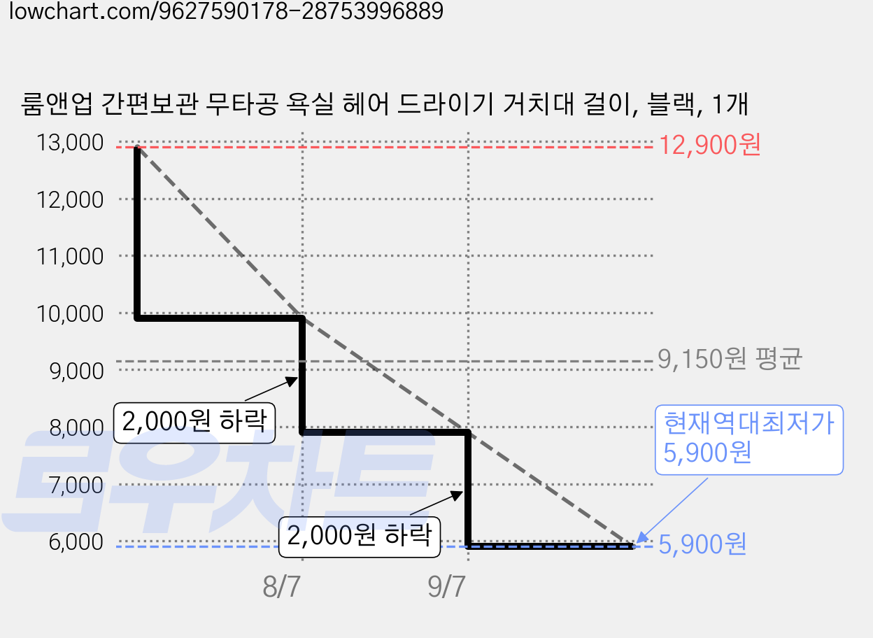 룸앤업 간편보관 무타공 욕실 헤어 드라이기 거치대 걸이, 블랙, 1개 가격 변동 차트, 현재가 5,900원, 역대최저가