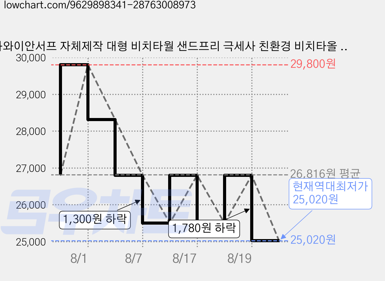 하와이안서프 자체제작 대형 비치타월 샌드프리 극세사 친환경 비치타올 90x180cm, 1개, 민트웨이브 가격 변동 차트, 현재가 25,020원, 역대최저가