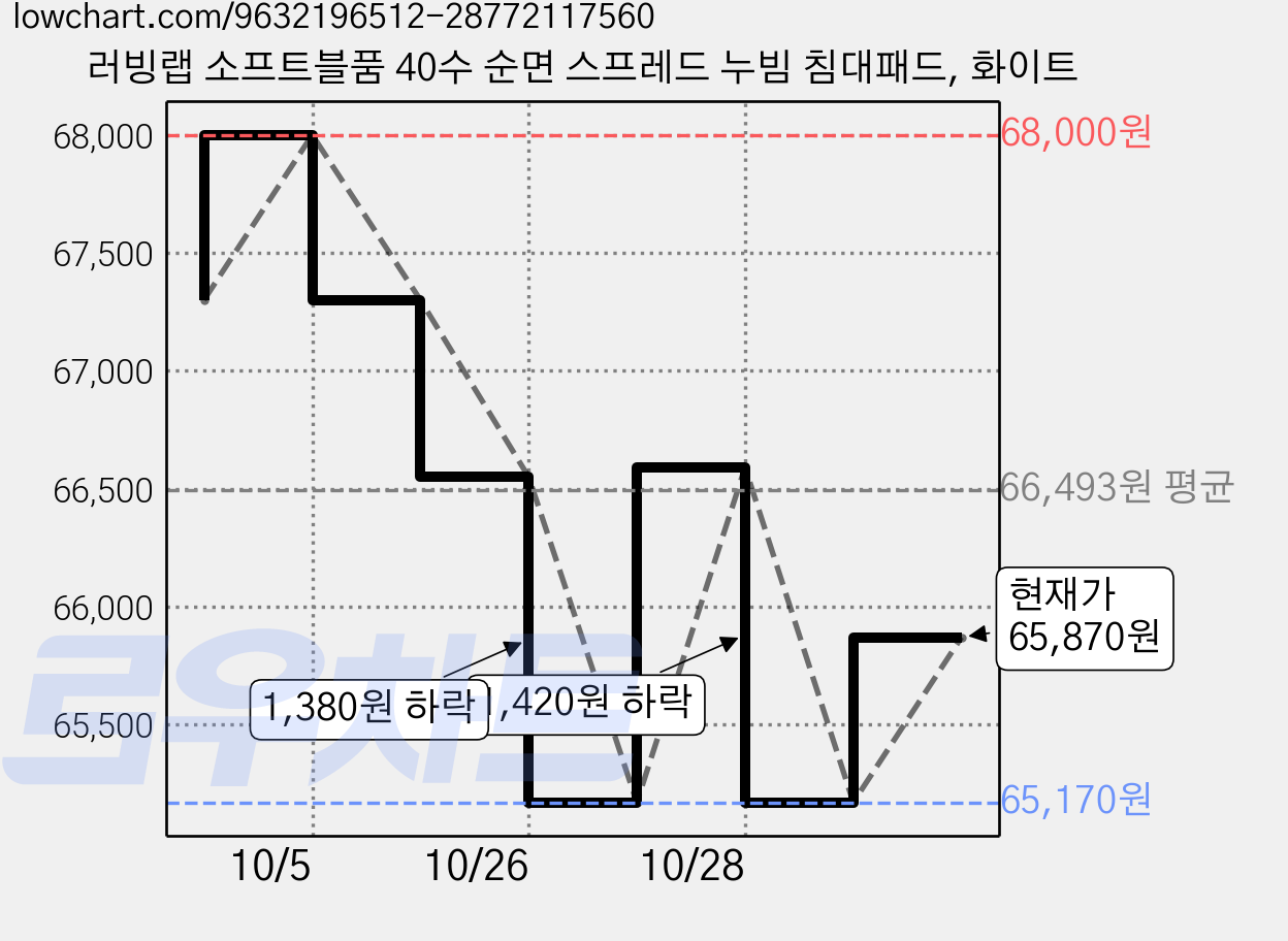 러빙랩 소프트블품 40수 순면 스프레드 누빔 침대패드, 화이트 가격 변동 차트, 현재가 65,870원, 관측 최저가 65,170원