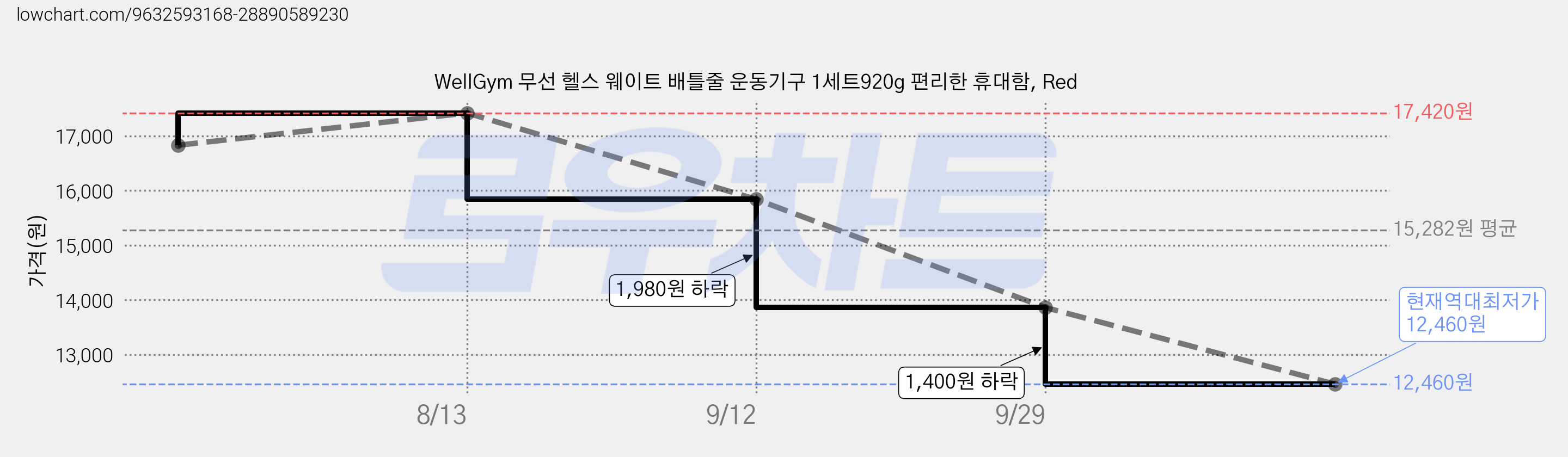 WellGym 무선 헬스 웨이트 배틀줄 운동기구 1세트920g 편리한 휴대함, Red 가격 변동 차트, 현재가 12,460원, 역대최저가