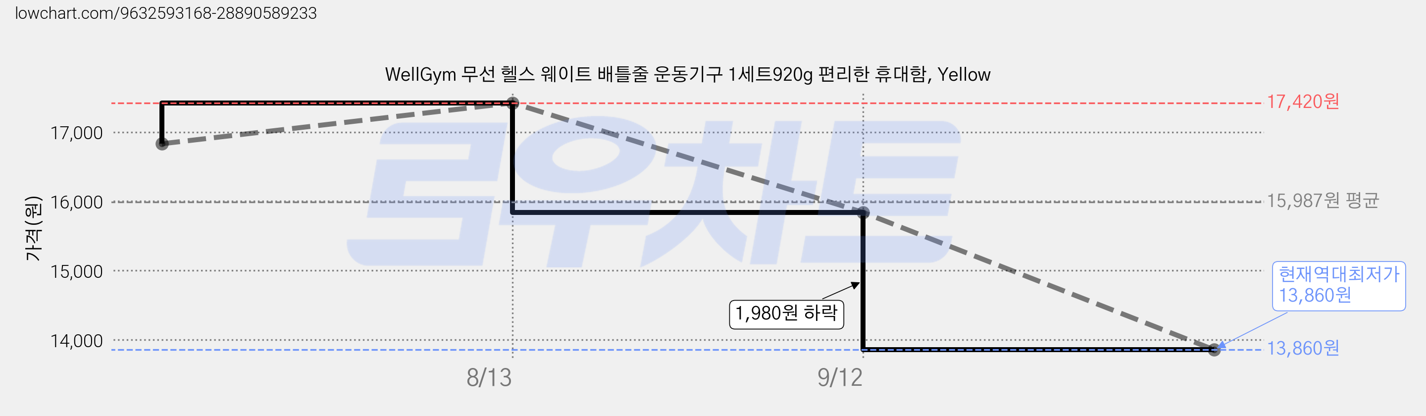 WellGym 무선 헬스 웨이트 배틀줄 운동기구 1세트920g 편리한 휴대함, Yellow 가격 변동 차트, 현재가 13,860원, 역대최저가