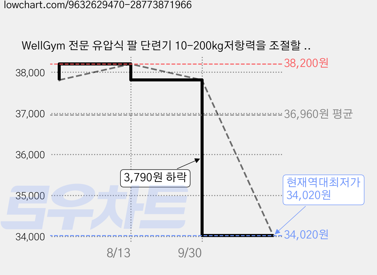 WellGym 전문 유압식 팔 단련기 10-200kg저항력을 조절할 수 있음 팔힘을 훈련시킴 편리한 수납고 휴대함, 1개, Black 가격 변동 차트, 현재가 34,020원, 역대최저가