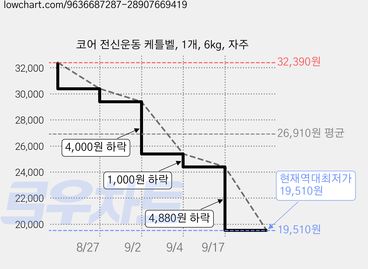 코어 전신운동 케틀벨, 1개, 6kg, 자주 가격 변동 차트, 현재가 19,510원, 역대최저가