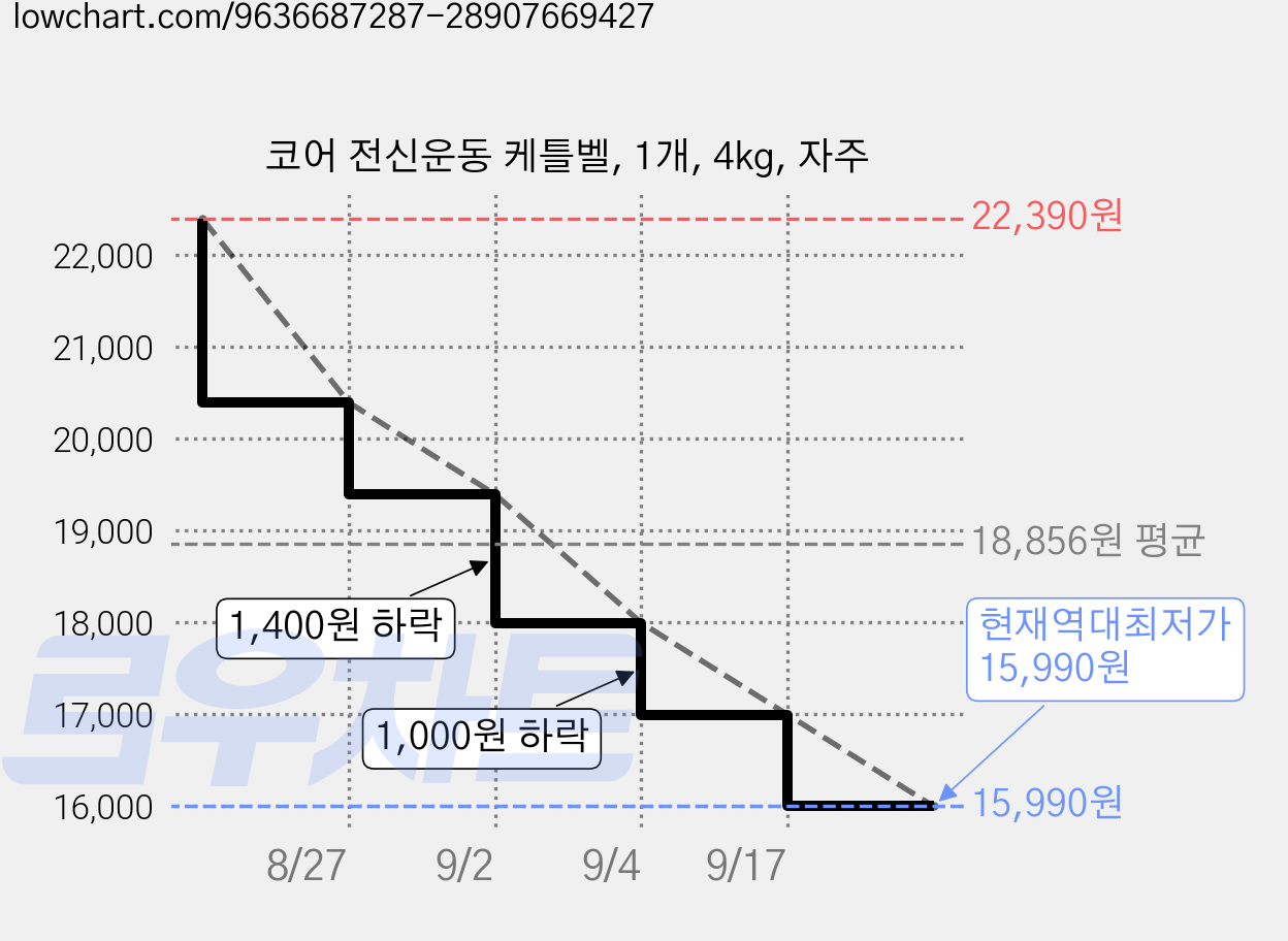 코어 전신운동 케틀벨, 1개, 4kg, 자주 가격 변동 차트, 현재가 15,990원, 역대최저가