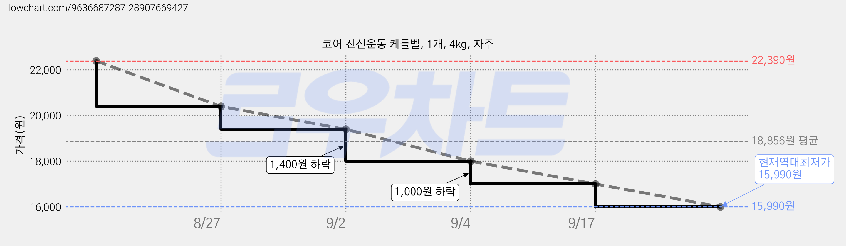 코어 전신운동 케틀벨, 1개, 4kg, 자주 가격 변동 차트, 현재가 15,990원, 역대최저가