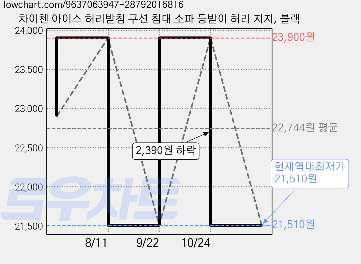 차이첸 아이스 허리받침 쿠션 침대 소파 등받이 허리 지지, 블랙 가격 변동 차트, 현재가 21,510원, 역대최저가