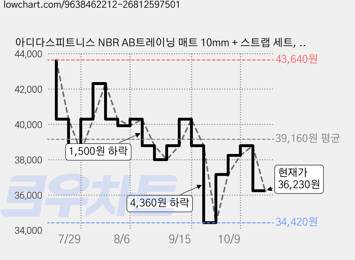 아디다스피트니스 NBR AB트레이닝 매트 10mm + 스트랩 세트, 블랙, 1개 가격 변동 차트, 현재가 36,230원, 관측 최저가 34,420원