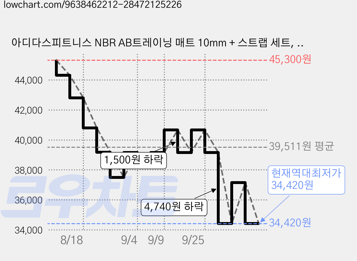 아디다스피트니스 NBR AB트레이닝 매트 10mm + 스트랩 세트, 블루, 1개 가격 변동 차트, 현재가 34,420원, 역대최저가