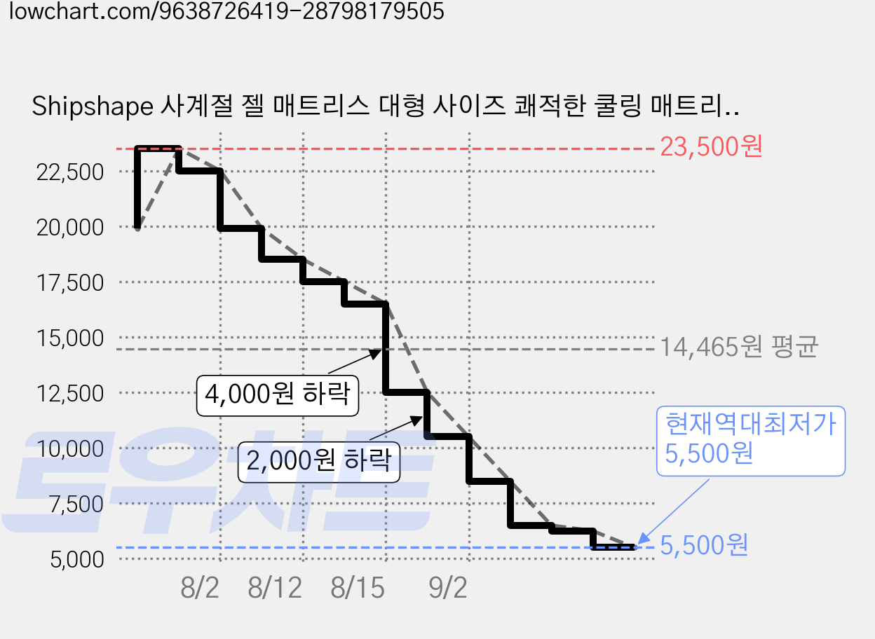 Shipshape 사계절 젤 매트리스 대형 사이즈 쾌적한 쿨링 매트리스 통기성 쿨링 베개 증정, 냉각 섬유, 눈꽃 블루 가격 변동 차트, 현재가 5,500원, 역대최저가