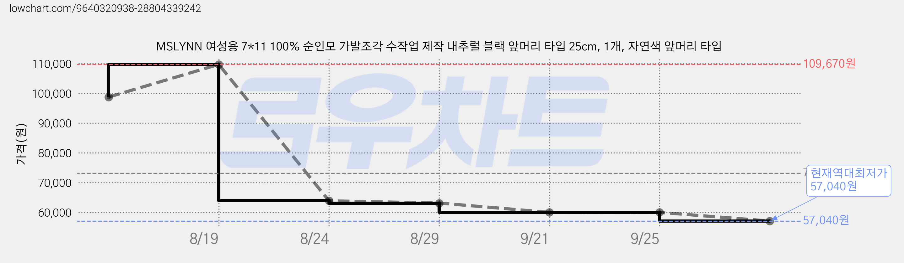 MSLYNN 여성용 7*11 100% 순인모 가발조각 수작업 제작 내추럴 블랙 앞머리 타입 25cm, 1개, 자연색 앞머리 타입 가격 변동 차트, 현재가 57,040원, 역대최저가
