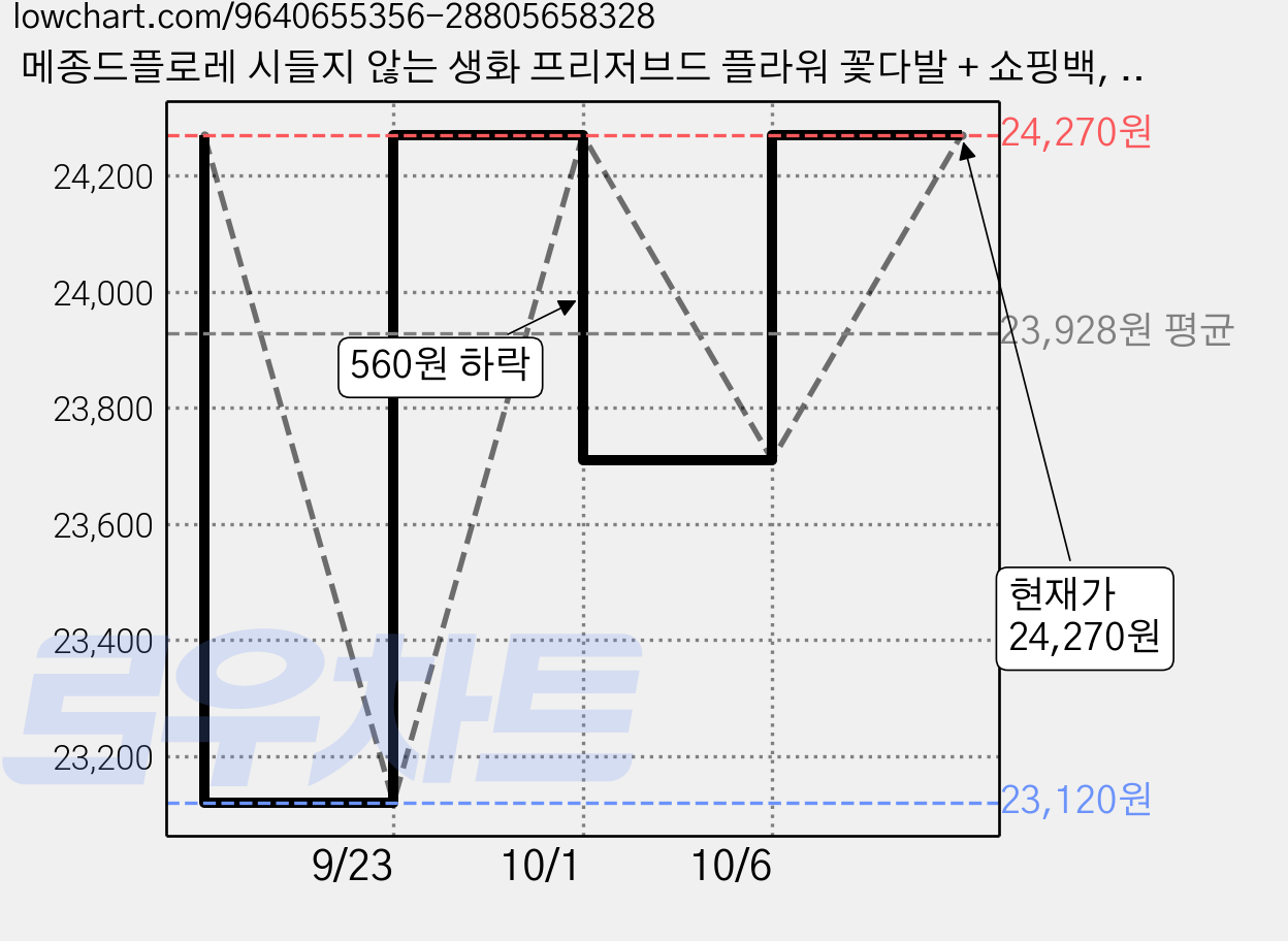메종드플로레 시들지 않는 생화 프리저브드 플라워 꽃다발 + 쇼핑백, 화이트 가격 변동 차트, 현재가 24,270원, 관측 최저가 23,120원