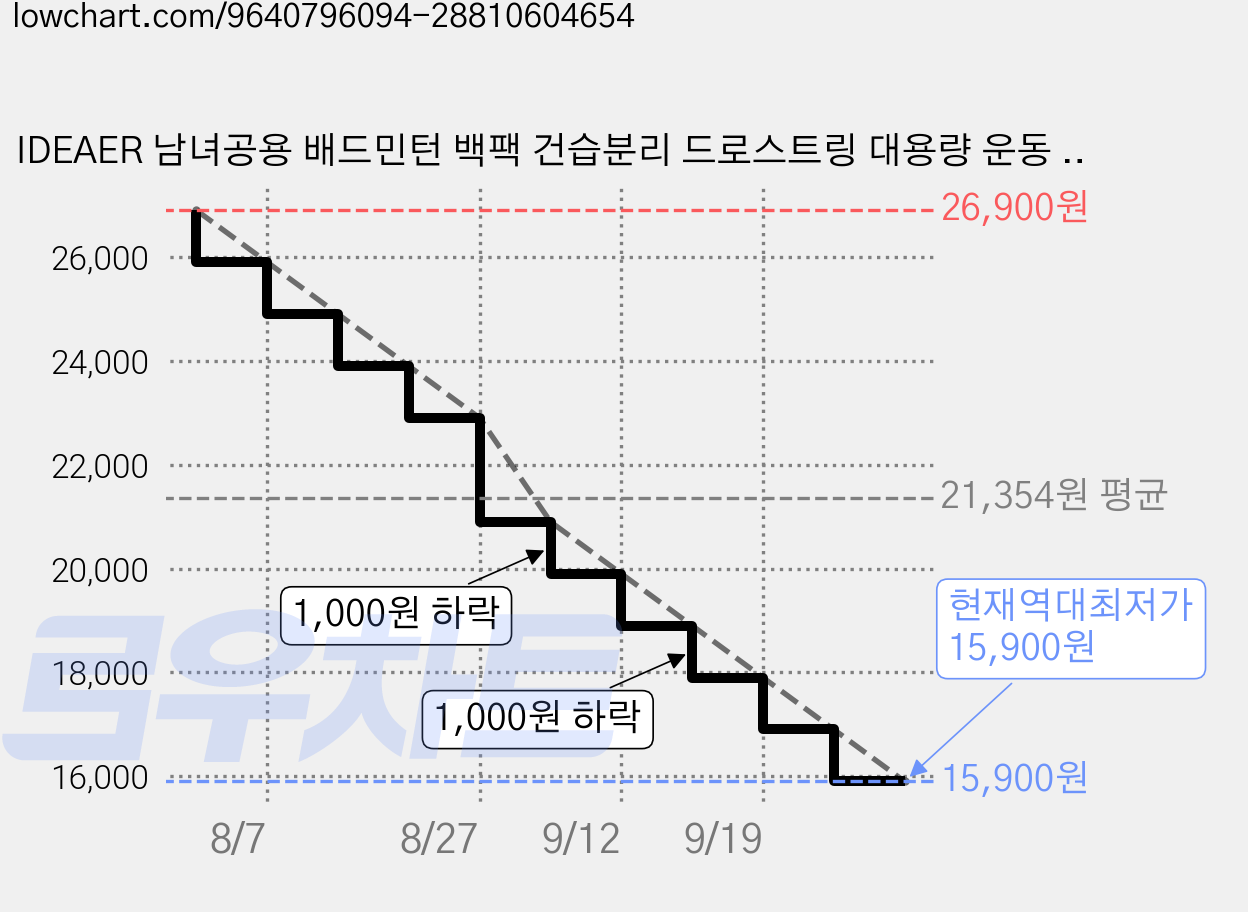 IDEAER 남녀공용 배드민턴 백팩 건습분리 드로스트링 대용량 운동 테니스 겸용, 1개, 그레이 가격 변동 차트, 현재가 15,900원, 역대최저가