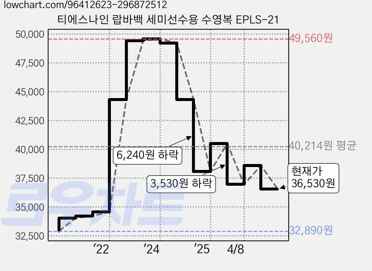 티에스나인 랍바백 세미선수용 수영복 EPLS-21 가격 변동 차트, 현재가 36,530원, 관측 최저가 32,890원