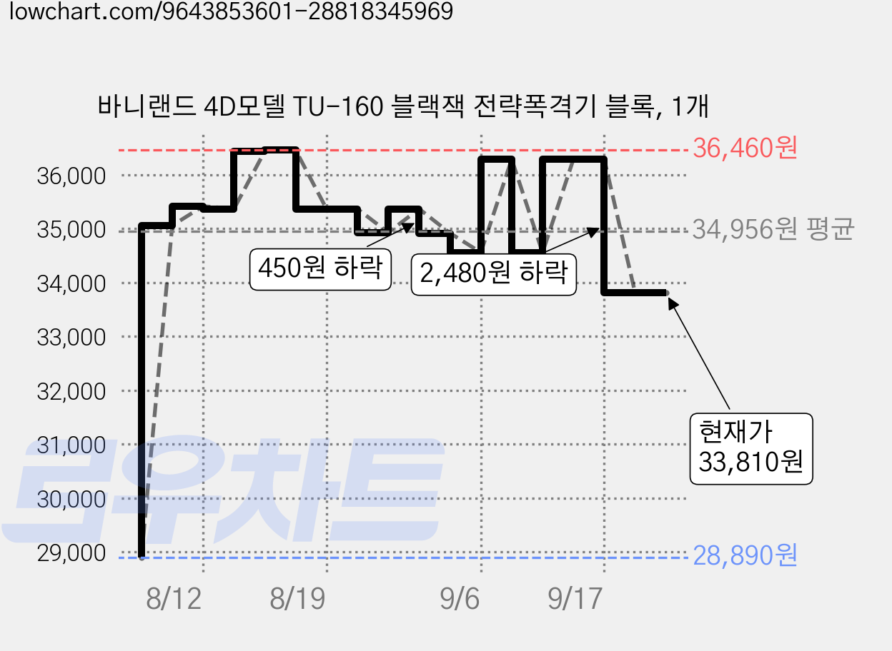 바니랜드 4D모델 TU-160 블랙잭 전략폭격기 블록, 1개 가격 변동 차트, 현재가 33,810원, 관측 최저가 28,890원