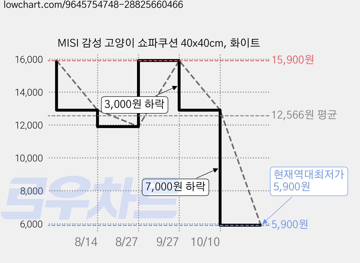 MISI 감성 고양이 쇼파쿠션 40x40cm, 화이트 가격 변동 차트, 현재가 5,900원, 역대최저가