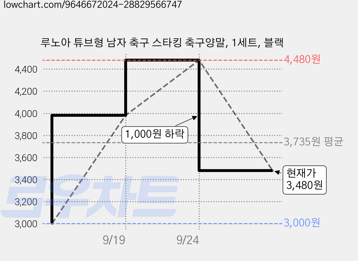 루노아 튜브형 남자 축구 스타킹 축구양말, 1세트, 블랙 가격 변동 차트, 현재가 3,480원, 관측 최저가 3,000원
