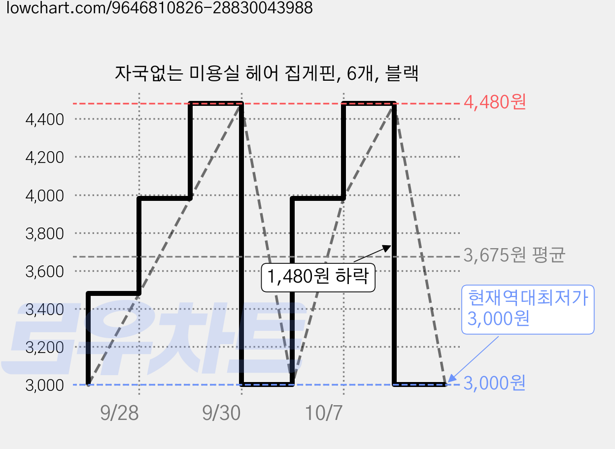 자국없는 미용실 헤어 집게핀, 6개, 블랙 가격 변동 차트, 현재가 3,000원, 역대최저가