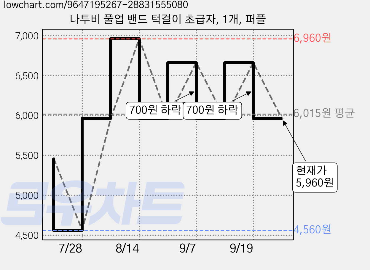 나투비 풀업 밴드 턱걸이 초급자, 1개, 퍼플 가격 변동 차트, 현재가 5,960원, 관측 최저가 4,560원
