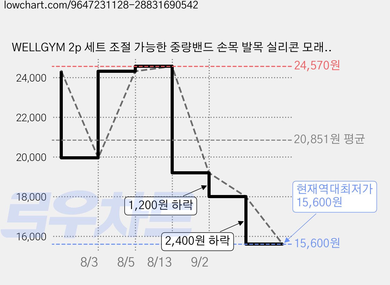 WELLGYM 2p 세트 조절 가능한 중량밴드 손목 발목 실리콘 모래주머니 편리한 휴대함 착용형 아령, 1kg, Black 가격 변동 차트, 현재가 15,600원, 역대최저가