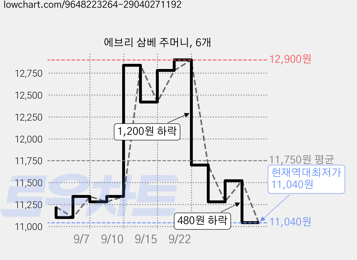 에브리 삼베 주머니, 6개 가격 변동 차트, 현재가 11,040원, 역대최저가