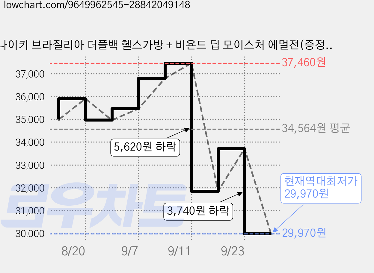 나이키 브라질리아 더플백 헬스가방 + 비욘드 딥 모이스처 에멀전(증정용) 150ML, 1개, 블랙 가격 변동 차트, 현재가 29,970원, 역대최저가