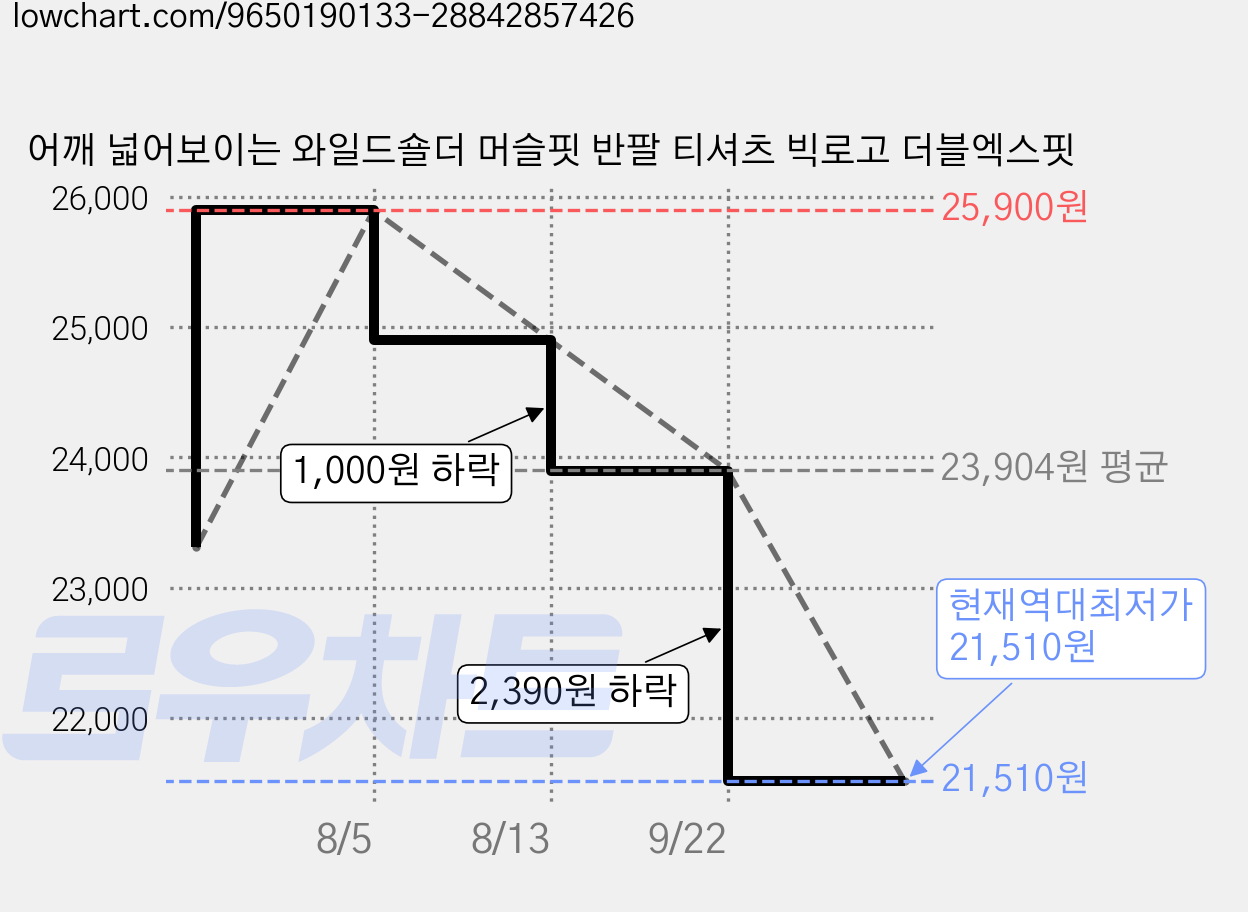 어깨 넓어보이는 와일드숄더 머슬핏 반팔 티셔츠 빅로고 더블엑스핏 가격 변동 차트, 현재가 21,510원, 역대최저가