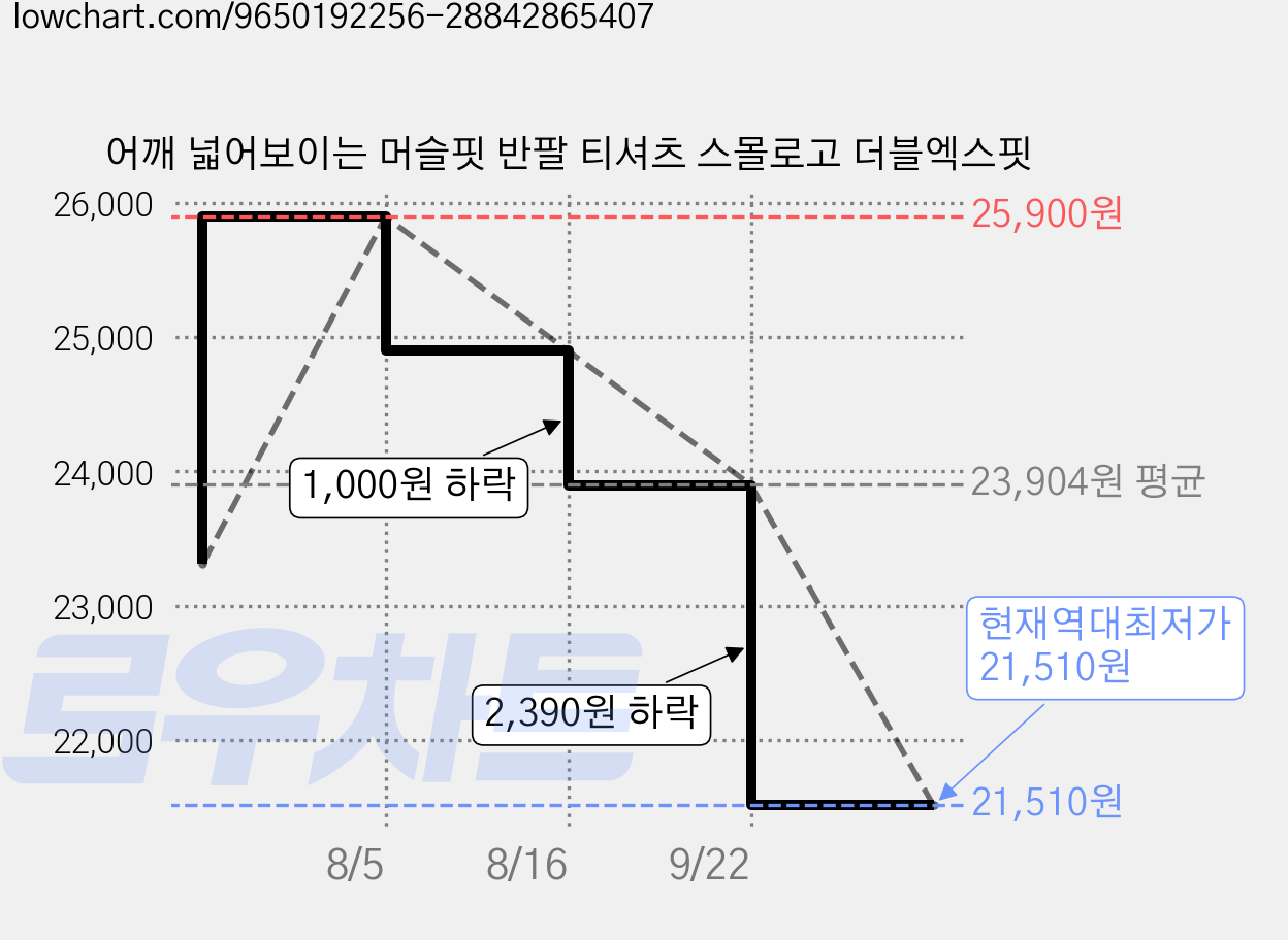 어깨 넓어보이는 머슬핏 반팔 티셔츠 스몰로고 더블엑스핏 가격 변동 차트, 현재가 21,510원, 역대최저가